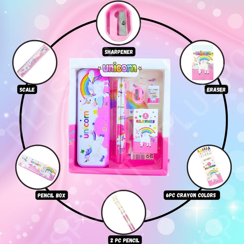 PLUSPOINT طقم هدايا القرطاسية للأطفال - مجموعة من 7 قطع من مستلزمات القرطاسية للأطفال - طقم قرطاسية كرتوني - هدية عيد ميلاد - مستلزمات مدرسية للأولاد والبنات (وحيد القرن) - Image 4