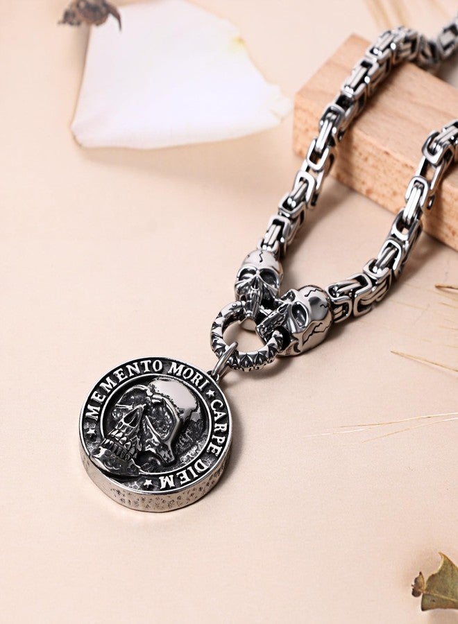 Aroncent Memento Mori Skull Necklace: Gothic Stainless Steel Coin Pendant Italian and Hindi Engraved Unisex Jewelry - Byzantine Chain 21.26" Adjustable - Image 4
