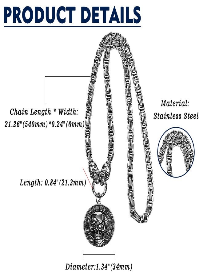 Aroncent Memento Mori Skull Necklace: Gothic Stainless Steel Coin Pendant Italian and Hindi Engraved Unisex Jewelry - Byzantine Chain 21.26" Adjustable - Image 2