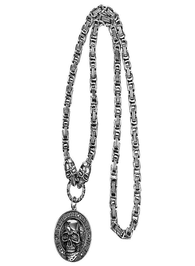 Aroncent Memento Mori Skull Necklace: Gothic Stainless Steel Coin Pendant Italian and Hindi Engraved Unisex Jewelry - Byzantine Chain 21.26" Adjustable - Image 1