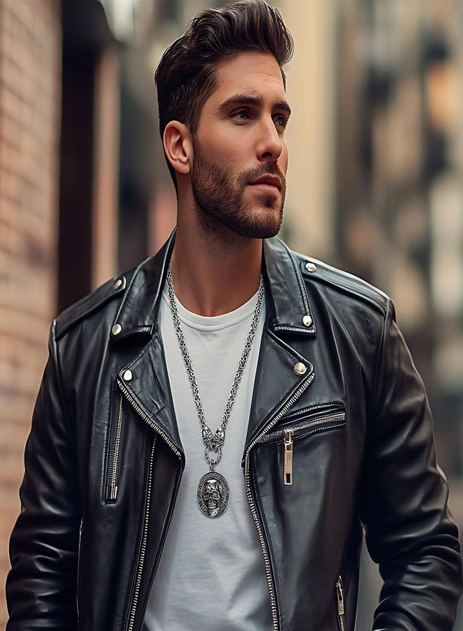 Aroncent Memento Mori Skull Necklace: Gothic Stainless Steel Coin Pendant Italian and Hindi Engraved Unisex Jewelry - Byzantine Chain 21.26" Adjustable - Image 3