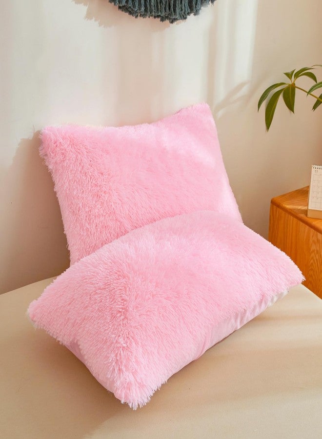 Besfunny Pink Fluffy Pillow Covers, Fuzzy Plush Furry Shaggy Faux Fur Pillow Cases for Bedroom décor, Soft Pink Pillow Covers 26"x20" with Zipper Closure, Decorative Set of 2 - Image 2