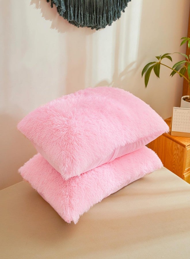 Besfunny Pink Fluffy Pillow Covers, Fuzzy Plush Furry Shaggy Faux Fur Pillow Cases for Bedroom décor, Soft Pink Pillow Covers 26"x20" with Zipper Closure, Decorative Set of 2 - Image 3
