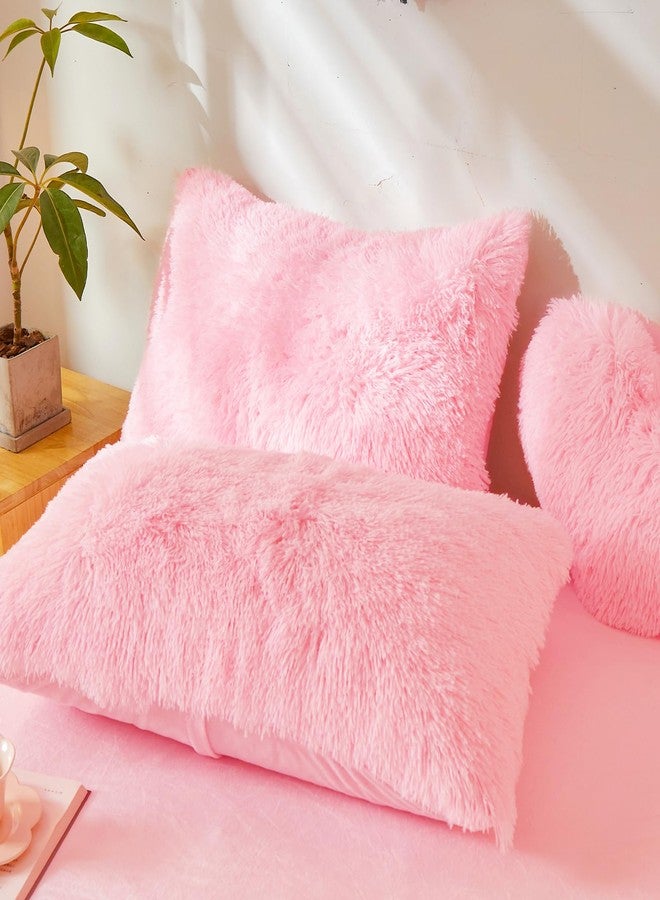 Besfunny Pink Fluffy Pillow Covers, Fuzzy Plush Furry Shaggy Faux Fur Pillow Cases for Bedroom décor, Soft Pink Pillow Covers 26"x20" with Zipper Closure, Decorative Set of 2 - Image 1
