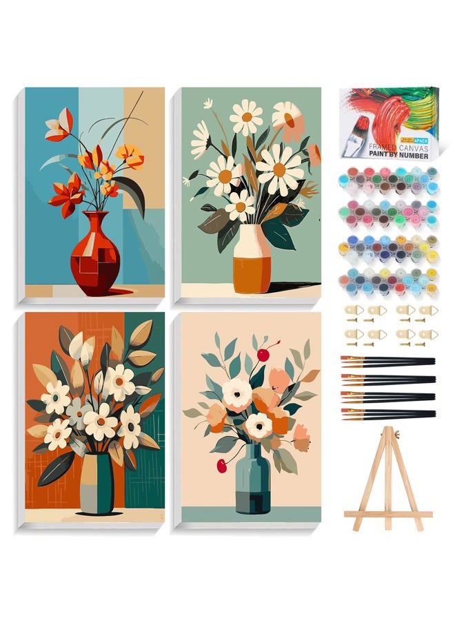Offito 4 Pack Framed Paint by Numbers Kit for Adults Beginners with Wooden Easel, Flowers Easy Paint by Number Kit with Frame, Watercolor Adult Paint by Number Framed Canvas (8 * 12 Inch) - Image 1