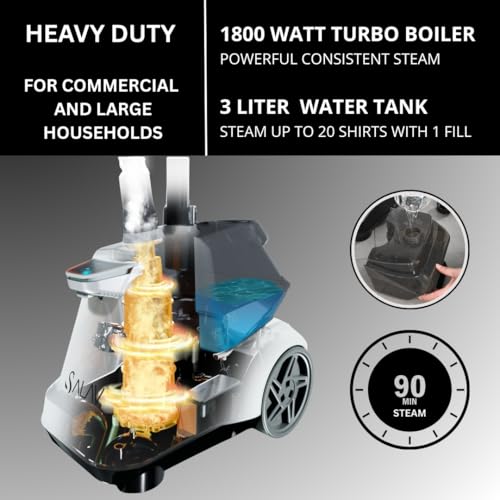 SALAV Heavy Duty Commercial Full-Size Garment Steamer with Foot Pedals and Extra Large 3L (101.5 oz) Water Tank, 1800 watts, 90+min of Continuous Steam (White) - Image 5