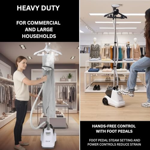 SALAV Heavy Duty Commercial Full-Size Garment Steamer with Foot Pedals and Extra Large 3L (101.5 oz) Water Tank, 1800 watts, 90+min of Continuous Steam (White) - Image 4