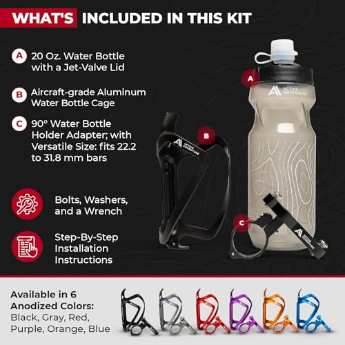 Active Adventure Bike Water Bottle Holder Combo - 20 Oz Squeeze Bottle & Bicycle Mount Cage Rack, No Screws Needed, Durable Alloy - Fits All Handlebar Bikes & MTB Mountain Road - for Adults, Kids (Black) - Image 2