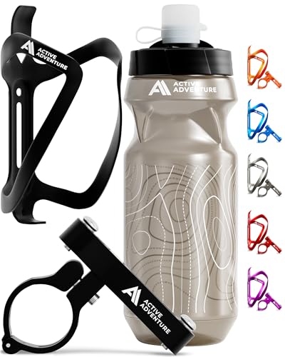 Active Adventure Bike Water Bottle Holder Combo - 20 Oz Squeeze Bottle & Bicycle Mount Cage Rack, No Screws Needed, Durable Alloy - Fits All Handlebar Bikes & MTB Mountain Road - for Adults, Kids (Black) - Image 1