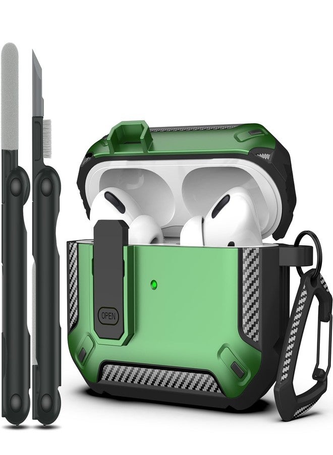 RFUNGUANGO for AirPods Pro Case Cover with Cleaner Kit, Military Hard Shell Protective Armor with Lock for AirPod Pro Charging Case, Front LED Visible,Green - Image 1
