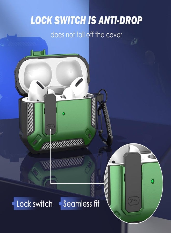 RFUNGUANGO for AirPods Pro Case Cover with Cleaner Kit, Military Hard Shell Protective Armor with Lock for AirPod Pro Charging Case, Front LED Visible,Green - Image 2