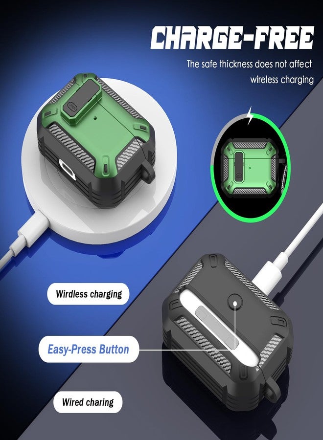 RFUNGUANGO for AirPods Pro Case Cover with Cleaner Kit, Military Hard Shell Protective Armor with Lock for AirPod Pro Charging Case, Front LED Visible,Green - Image 3