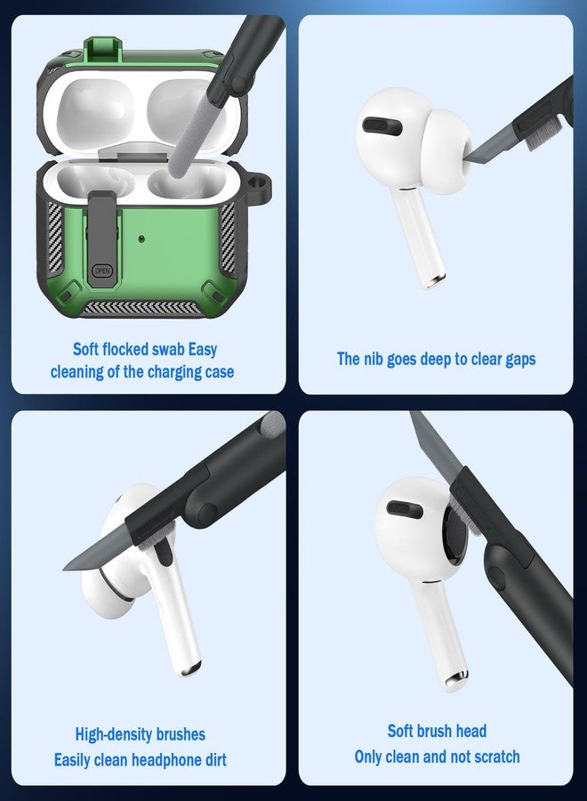 RFUNGUANGO for AirPods Pro Case Cover with Cleaner Kit, Military Hard Shell Protective Armor with Lock for AirPod Pro Charging Case, Front LED Visible,Green - Image 5