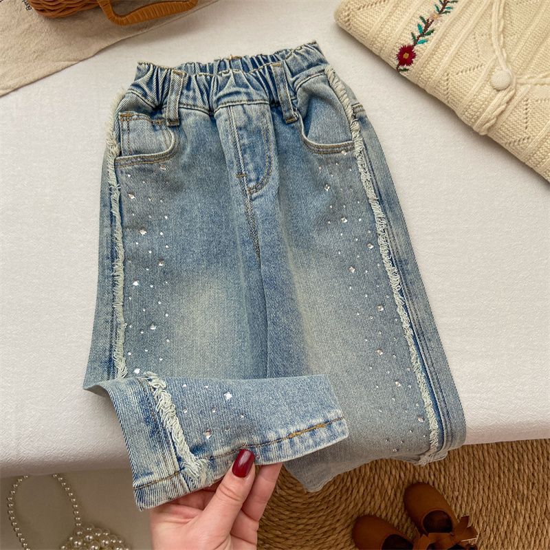 Girls' Jeans Autumn Wide Leg Pants Children'S Western Style Fashionable Drilling Bright Flash Long Pants Fashion Straight Leg Pants - Image 2