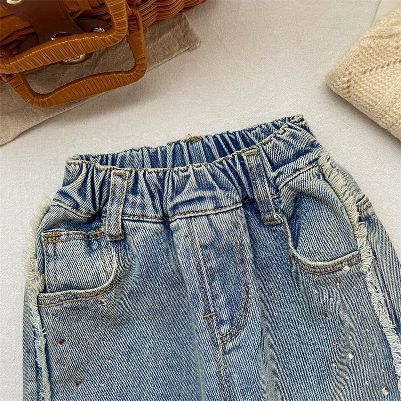 Girls' Jeans Autumn Wide Leg Pants Children'S Western Style Fashionable Drilling Bright Flash Long Pants Fashion Straight Leg Pants - Image 3