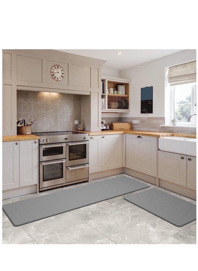 CUSHIONED ANTI-FATIGUE, 2 PIECE SET, GRAY KITCHEN MATS, NON SKID WATERPROOF COMFORT STANDING KITCHEN MATS 120CMX44CM AND 75CMX44CM