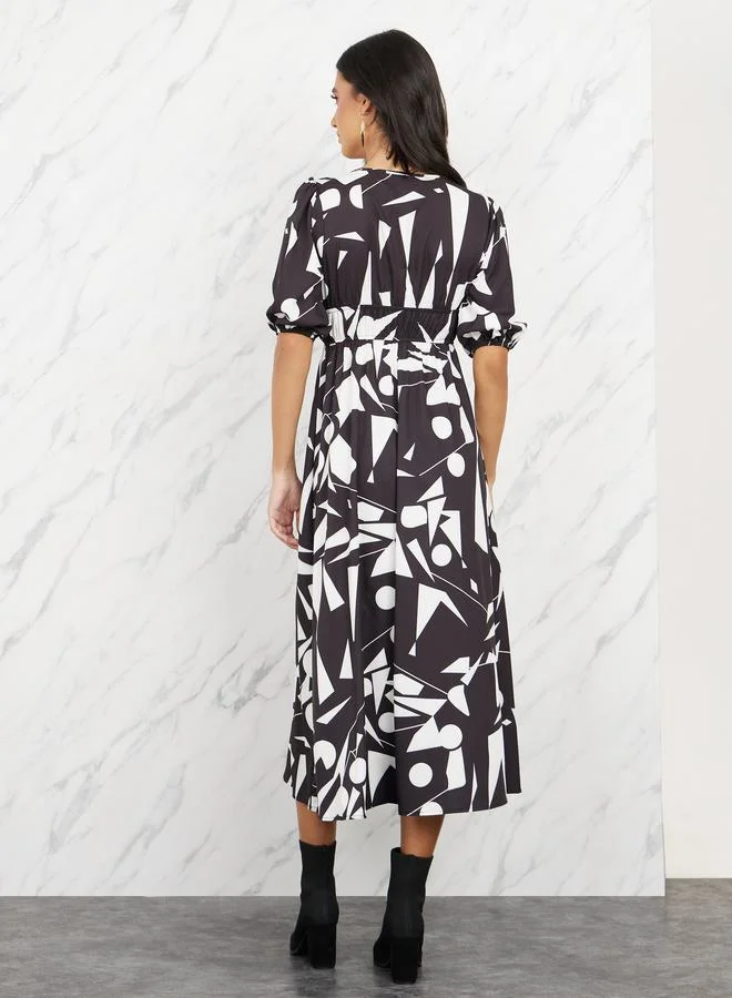 تايك تو Geo Print Elasticated Waist A-Line Midi Dress