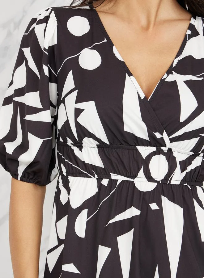 تايك تو Geo Print Elasticated Waist A-Line Midi Dress