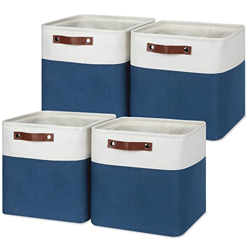 Temary Fabric Storage Cubes 4Pack Blue Fabric Storage Baskets 12 Inch Cube Storage Bins with Handles for Organizing Closet (White&Blue) - Image 1