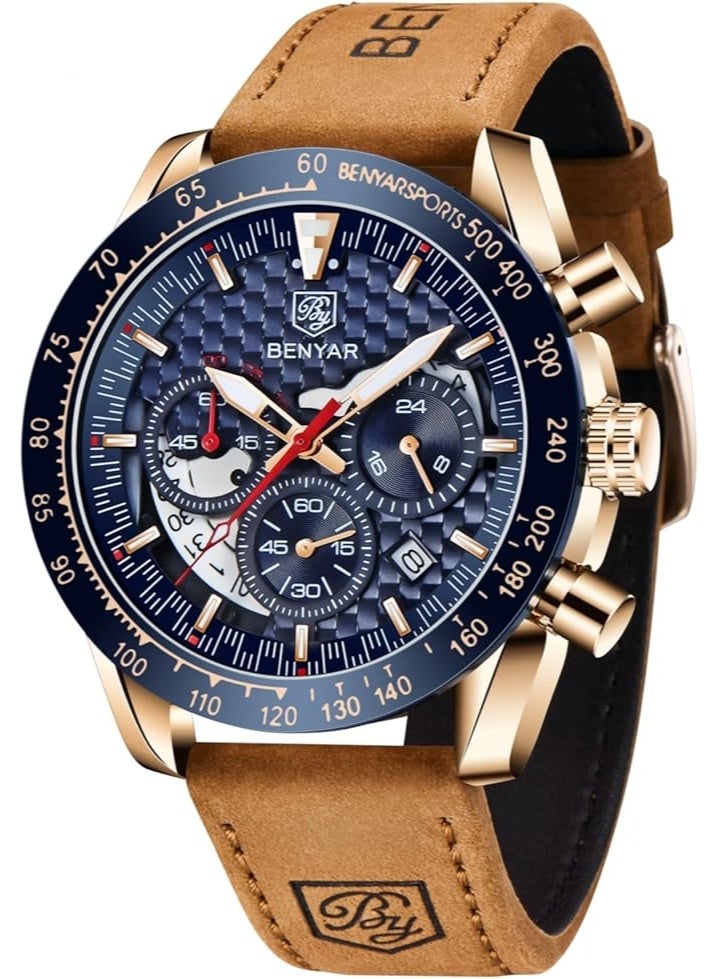 Mens Watches Sports Stylish Analog Quartz Chronograph Watch Date Waterproof 3ATM Business Leather Strap Wrist Watches for Men