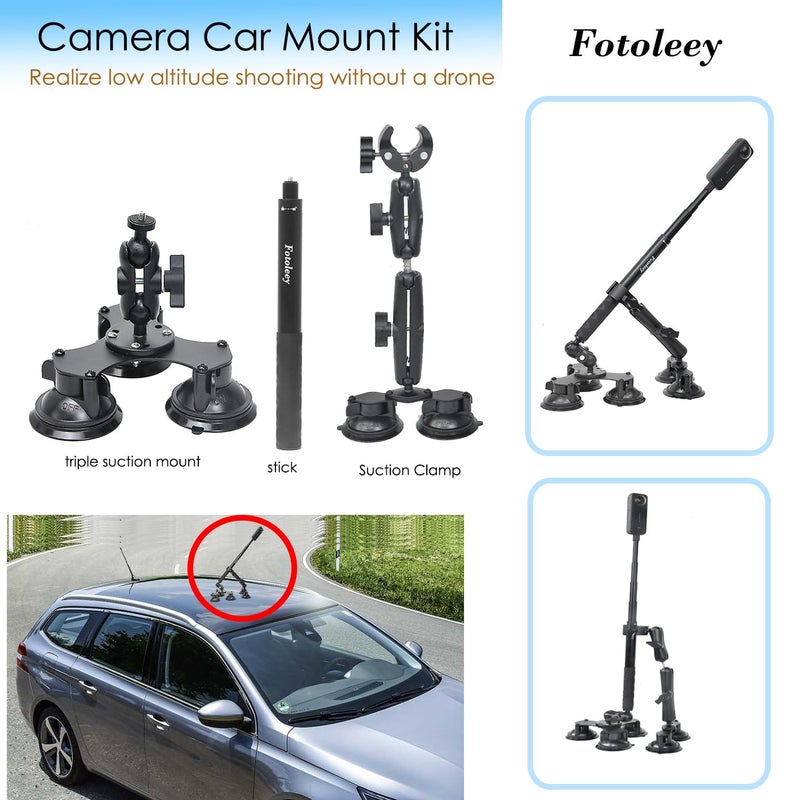 Fotoleey مجموعة تثبيت كاميرا Fotoleey 360 على السيارة مع أكواب شفط لـ Insta360 X4/X5/X3/Ace Pro/Go 3 وGoPro Max/Hero 12/11 - 3 أكواب شفط / 5 مع مشبك فائق وعصا سيلفي لتصوير الفيديو عالي السرعة في السيارة - Image 4