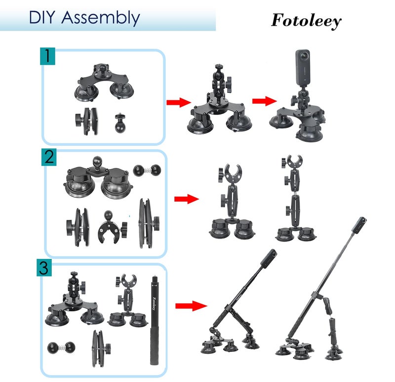 Fotoleey مجموعة تثبيت كاميرا Fotoleey 360 على السيارة مع أكواب شفط لـ Insta360 X4/X5/X3/Ace Pro/Go 3 وGoPro Max/Hero 12/11 - 3 أكواب شفط / 5 مع مشبك فائق وعصا سيلفي لتصوير الفيديو عالي السرعة في السيارة - Image 5