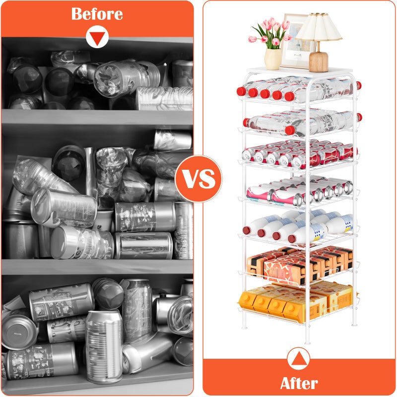 smusei Water Bottle Organizer 7 Tier Free Standing Bottled Water Storage Rack Metal Wire Water Bottle Holder Rack Large Capacity Soda Beverage Drink Stand Shelf for Pantry Kitchen Office, White - Image 4