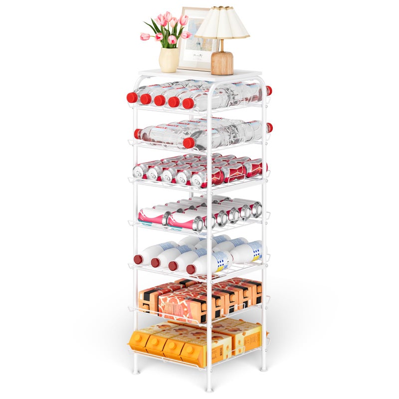 smusei Water Bottle Organizer 7 Tier Free Standing Bottled Water Storage Rack Metal Wire Water Bottle Holder Rack Large Capacity Soda Beverage Drink Stand Shelf for Pantry Kitchen Office, White - Image 1