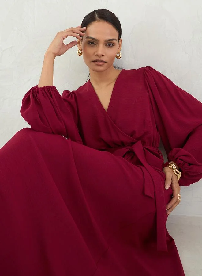 Femmella Maroon Balloon Sleeve A-Line Maxi Dress