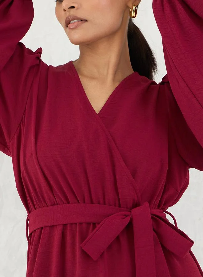 Femmella Maroon Balloon Sleeve A-Line Maxi Dress