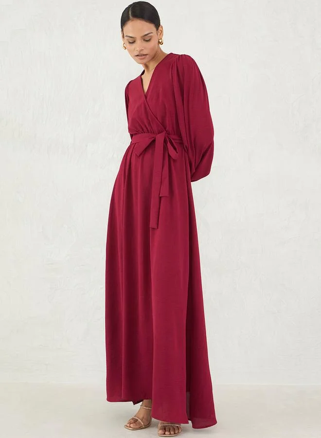 Femmella Maroon Balloon Sleeve A-Line Maxi Dress