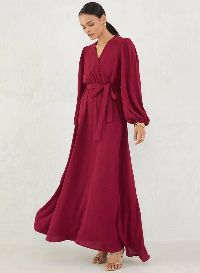 Femmella Maroon Balloon Sleeve A-Line Maxi Dress