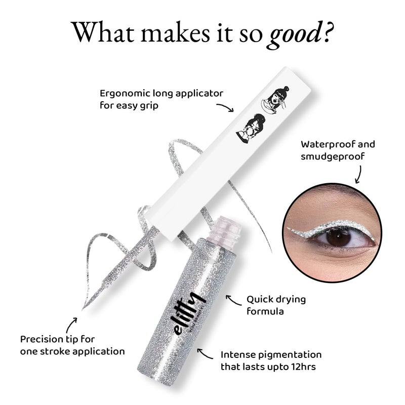 Elitty Waterproof Eyeliner 4g Silver Colour With Intense Glitter Finish Smudge Proof Long Lasting Liquid Liner For Eye Makeup Quick Drying Formula With Fine Tip For Smooth Precise Application - Image 3