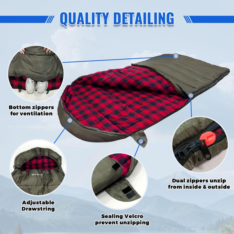Keencamp 0 Degree Sleeping Bag Cotton Flannel Winter Cold Weather for Adults XXL Sleeping Bag 4 Season Big and Tall with Pillow Compression Sack - Image 4
