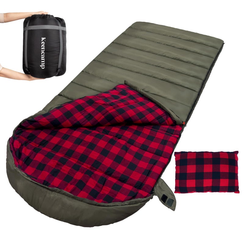 Keencamp 0 Degree Sleeping Bag Cotton Flannel Winter Cold Weather for Adults XXL Sleeping Bag 4 Season Big and Tall with Pillow Compression Sack - Image 1