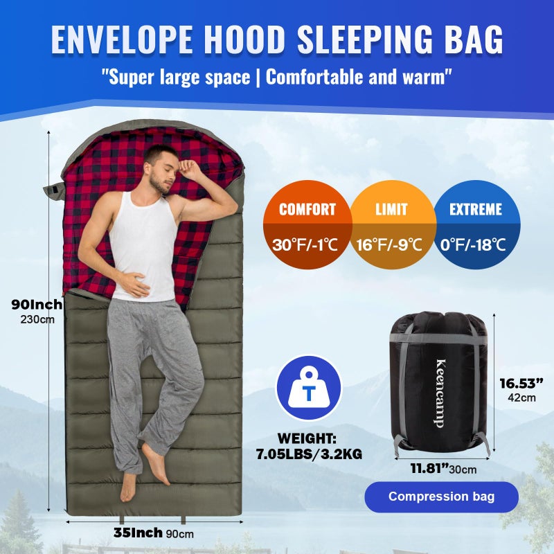 Keencamp 0 Degree Sleeping Bag Cotton Flannel Winter Cold Weather for Adults XXL Sleeping Bag 4 Season Big and Tall with Pillow Compression Sack - Image 2