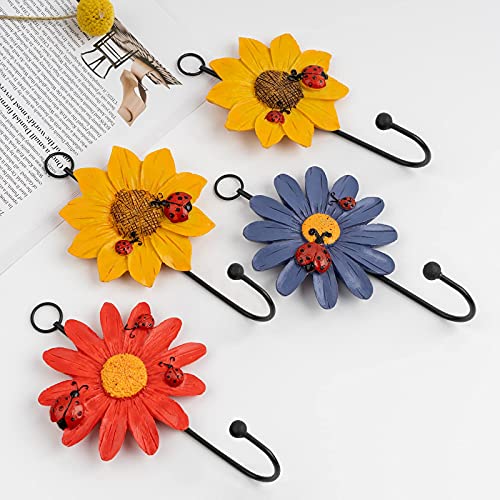 Notakia Resin Daisy Flower Wall Hooks Decoration Hanging Coat Hooks Vintage Art Printing Iron Hook Key Hat Towel Wall Mounts Hooks Home Decor (4) - Image 4