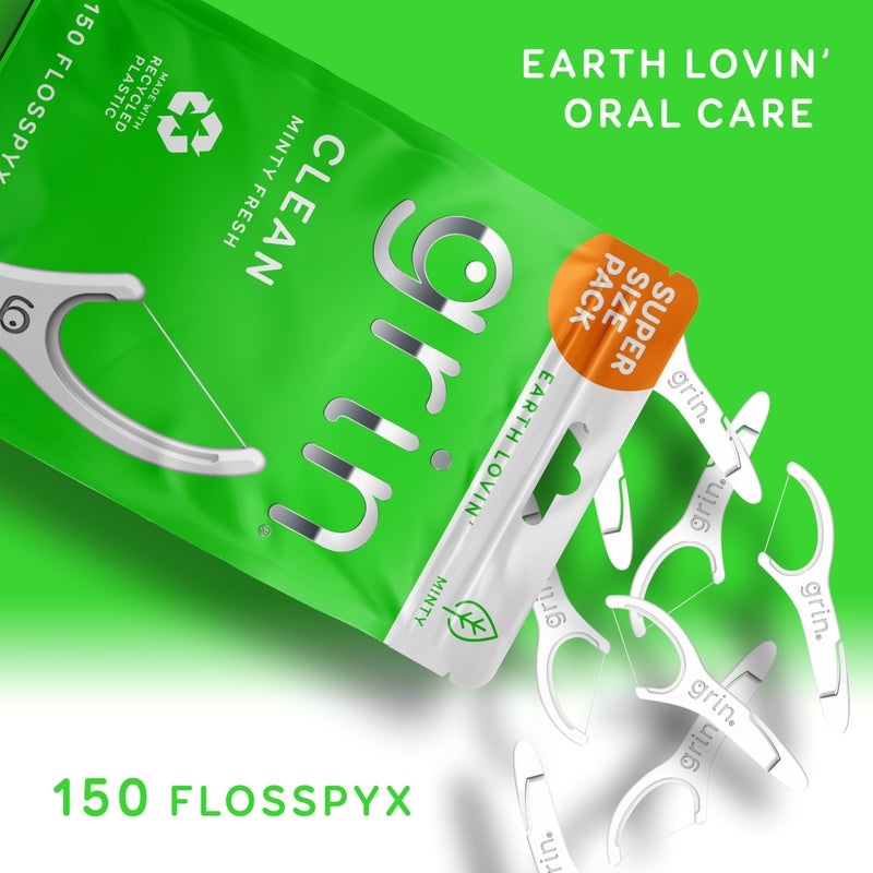 GRIN Clean Flosspyx, Floss Picks, 150 Count, Dental Flossers, Minty Flavor, Recycled Plastic, Super Strong Fine Floss, Tight Teeth, Premium Longer Floss Head, Includes Safe Fold-Back Tooth Pick - Image 2