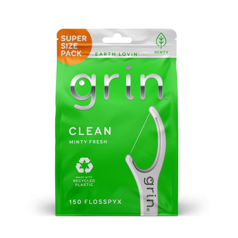 GRIN Clean Flosspyx, Floss Picks, 150 Count, Dental Flossers, Minty Flavor, Recycled Plastic, Super Strong Fine Floss, Tight Teeth, Premium Longer Floss Head, Includes Safe Fold-Back Tooth Pick - Image 1