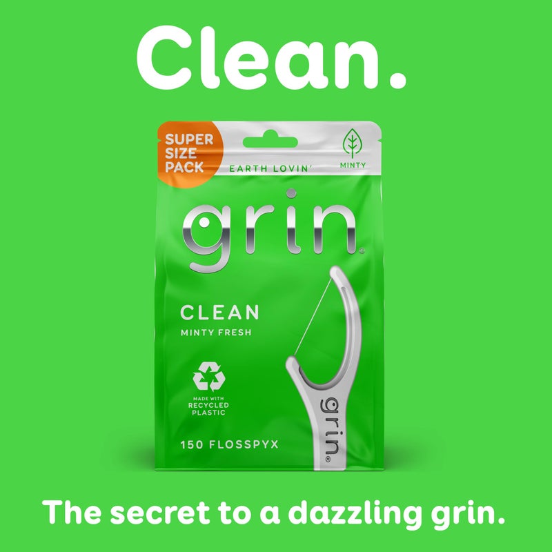 GRIN Clean Flosspyx, Floss Picks, 150 Count, Dental Flossers, Minty Flavor, Recycled Plastic, Super Strong Fine Floss, Tight Teeth, Premium Longer Floss Head, Includes Safe Fold-Back Tooth Pick - Image 4