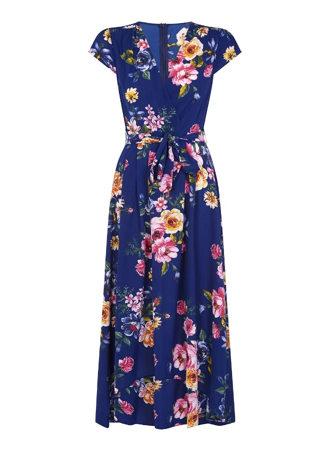 MELA LONDON Floral Wrap Over Dipped Hem Midi Dress