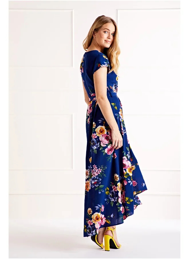 MELA LONDON Floral Wrap Over Dipped Hem Midi Dress