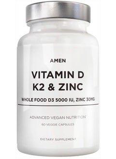 Vitamin D, K2 & Zinc, Cholecalciferol D3 5000 IU, Organic Whole Food Blend with Apple, Blueberry, Cranberry, Elderberry Powder Fruits, Vegan Supplement, D3 K2 Vitamins, Non-GMO - 60 Capsules