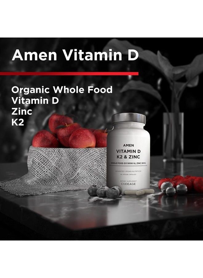 Amen - Vitamin D, K2 & Zinc, Cholecalciferol D3 5000 IU, Organic Whole Food Blend with Apple, Blueberry, Cranberry, Elderberry Powder Fruits, Vegan Supplement, D3 K2 Vitamins, Non-GMO - 60 Capsules - Image 1