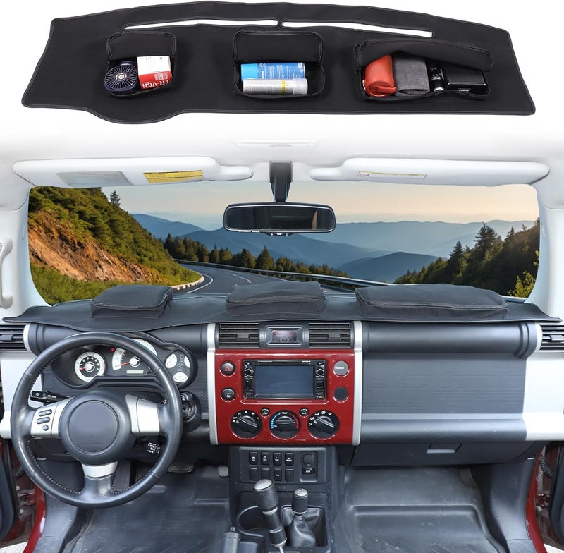 LLKUANG Polyester Carpet Dashmat Dash Mat Compatible with Toyota FJ Cruiser 2007-2021 Car Dashboard Cover Sun Shade Pad,Anti-Slip Dash Board Accessories (Black(with Storage Bag)) - Image 1
