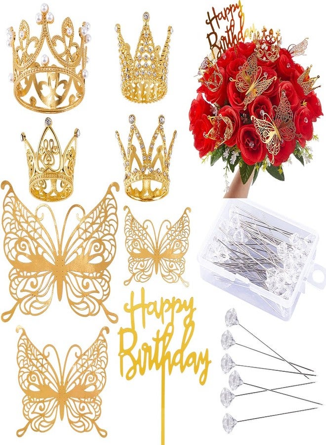 SOFPLATE 1 Box 67Pcs Flower Bouquets Kit Corsage Pins Bulk Cake Topper Decoration 3D Butterfly Alloy Shiny Queen Royal Tiara Happy Birthday Mini Crowns for Crafts Flower Bouquets Cake Topper Floral - Image 1