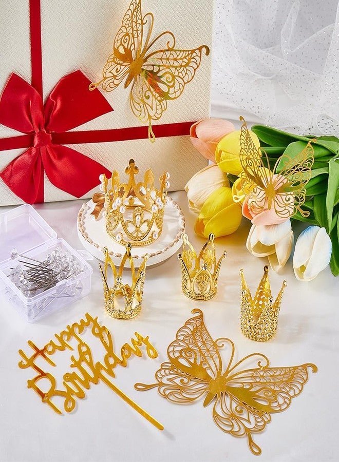 SOFPLATE 1 Box 67Pcs Flower Bouquets Kit Corsage Pins Bulk Cake Topper Decoration 3D Butterfly Alloy Shiny Queen Royal Tiara Happy Birthday Mini Crowns for Crafts Flower Bouquets Cake Topper Floral - Image 3