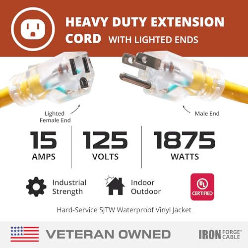 Iron Forge Cable 10 Foot Lighted Outdoor Extension Cord - 12/3 SJTW Heavy Duty Yellow Extension Cable with 3 Prong 15 AMP Grounded Plug for Safety - Image 3