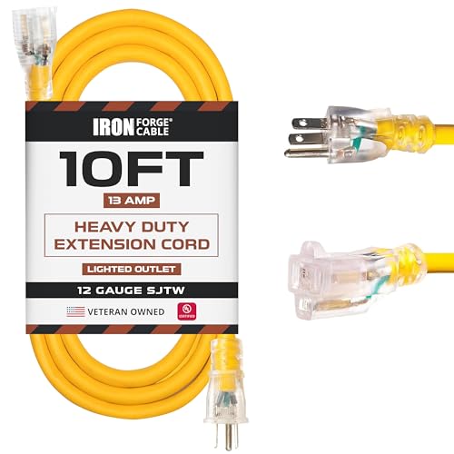 Iron Forge Cable 10 Foot Lighted Outdoor Extension Cord - 12/3 SJTW Heavy Duty Yellow Extension Cable with 3 Prong 15 AMP Grounded Plug for Safety - Image 1