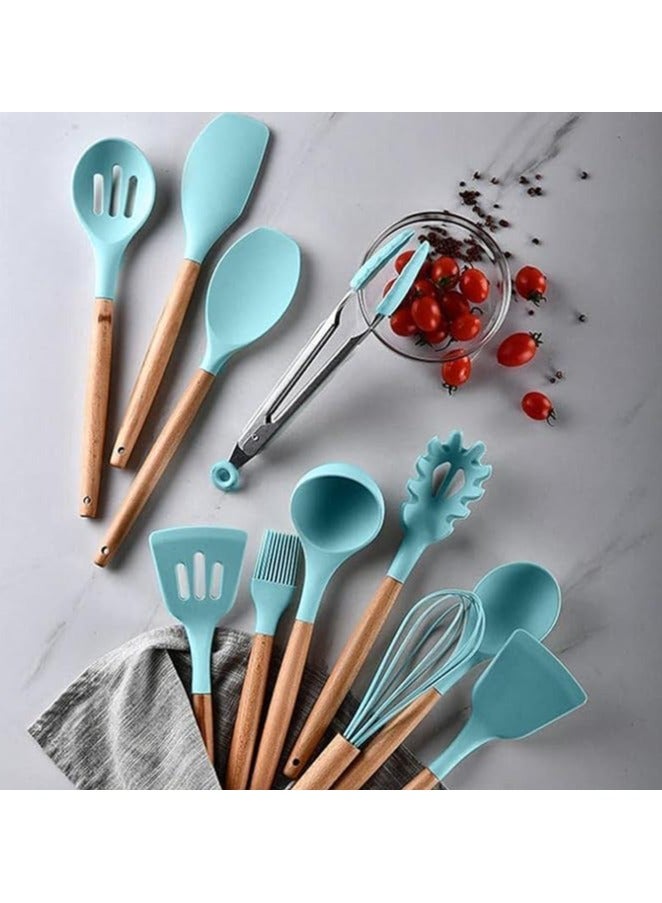 Cooking Utensils Set, 12 Pieces, Silicone and Wooden, Non-Stick, Heat Resistant (Green)  - Image 4